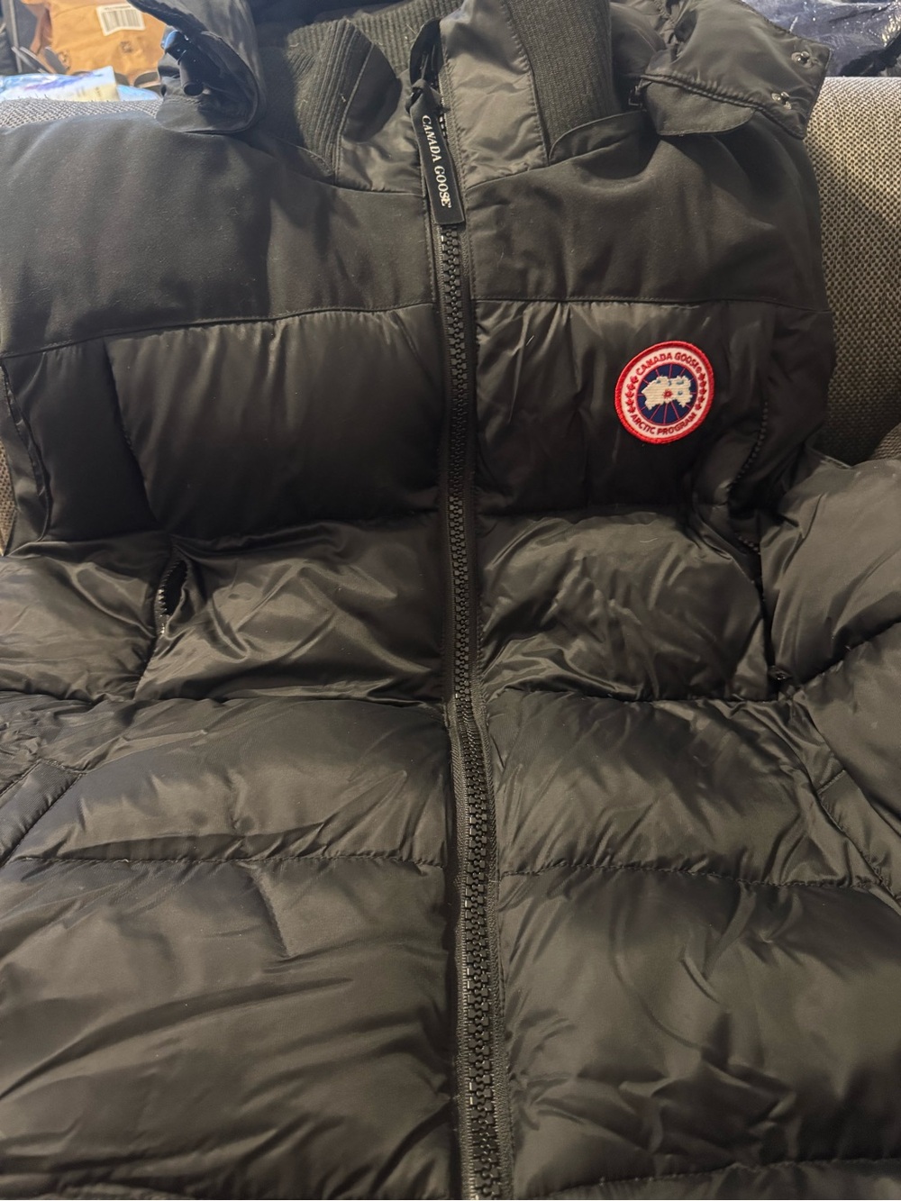 Canada Goose Black Quilted Down Vest with Logo Patch mens large